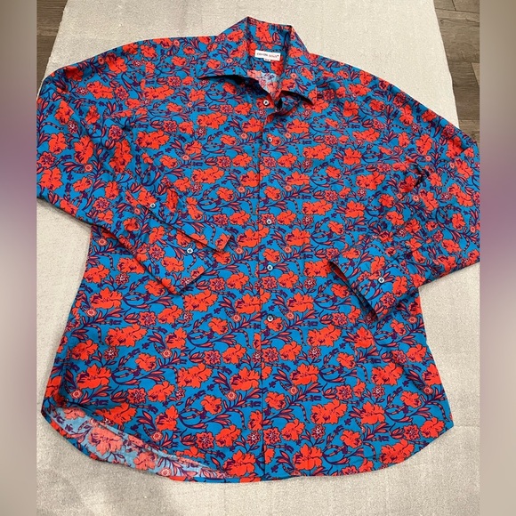 [43/17.5]Coton Doux Floral Button-Up Shirt in Red and Blue - Picture 1 of 6